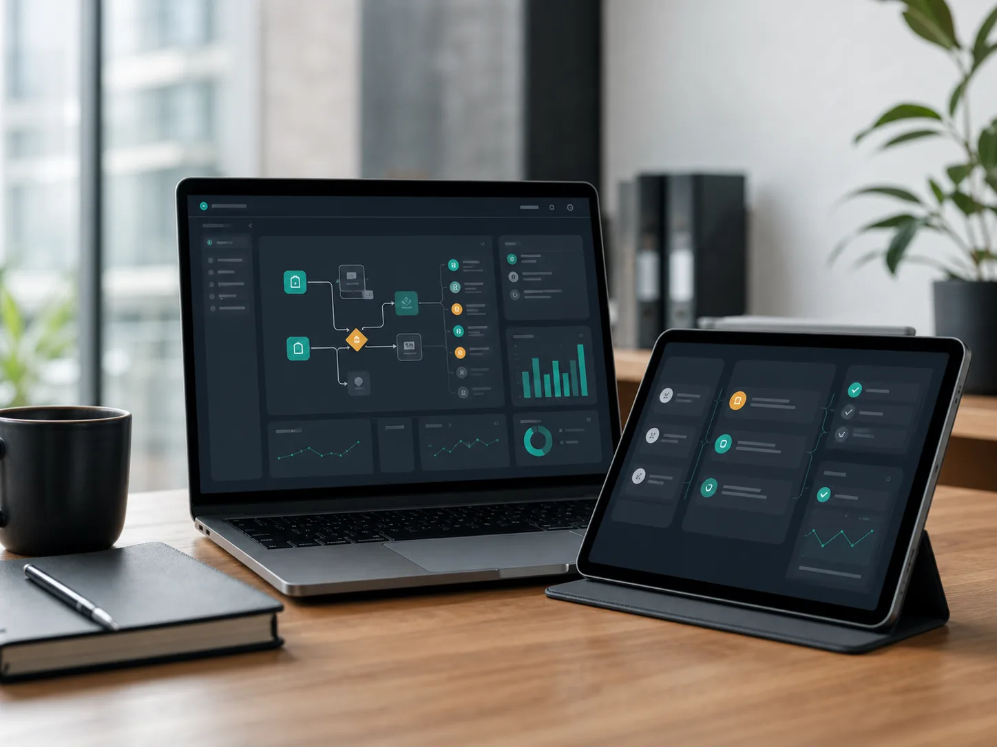 Painéis abstratos de automação de processos em dispositivos de trabalho