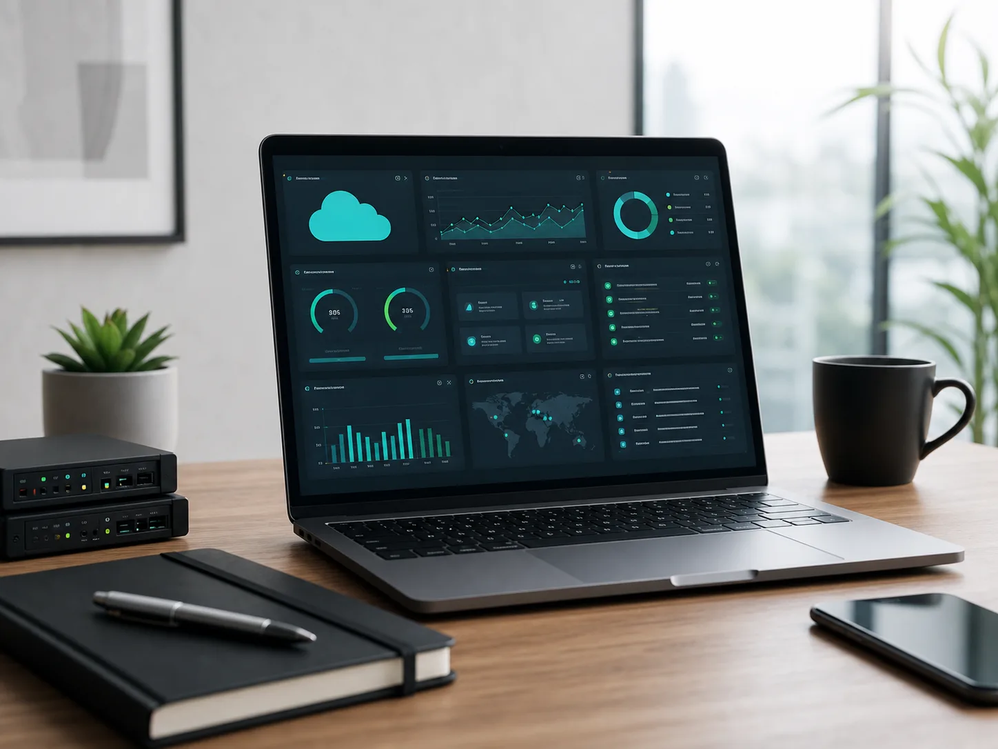 Notebook com painéis abstratos de monitoramento de cloud e suporte técnico